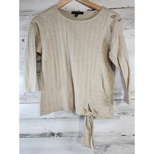 Adrienne Vittadini Top Women‎ PM Beige Tie Front Shoulder Button Knit Sweater